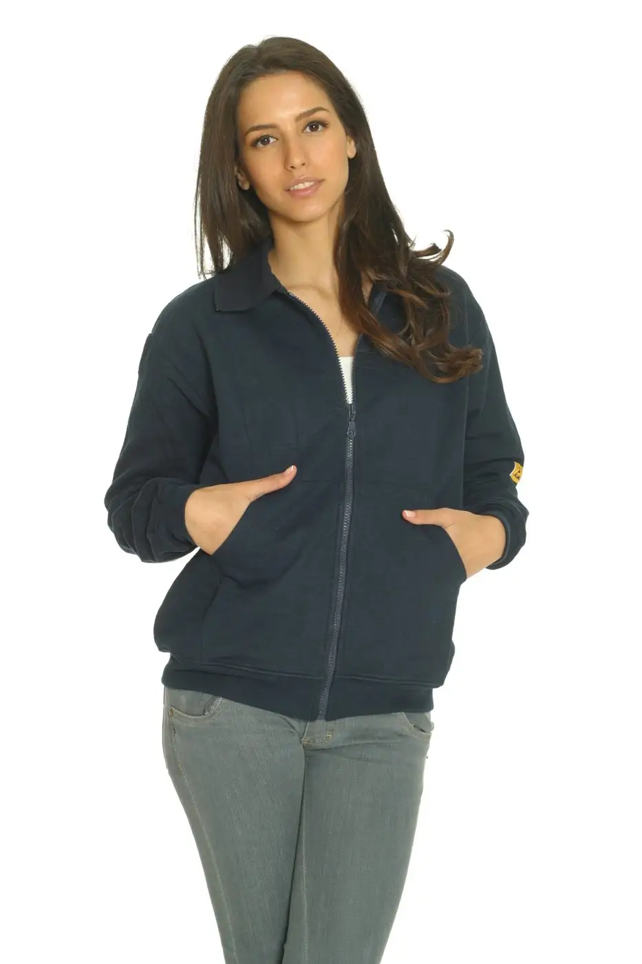 Dunkle ESD-Zip-Jacke, Studiofoto aus dem Katalog.