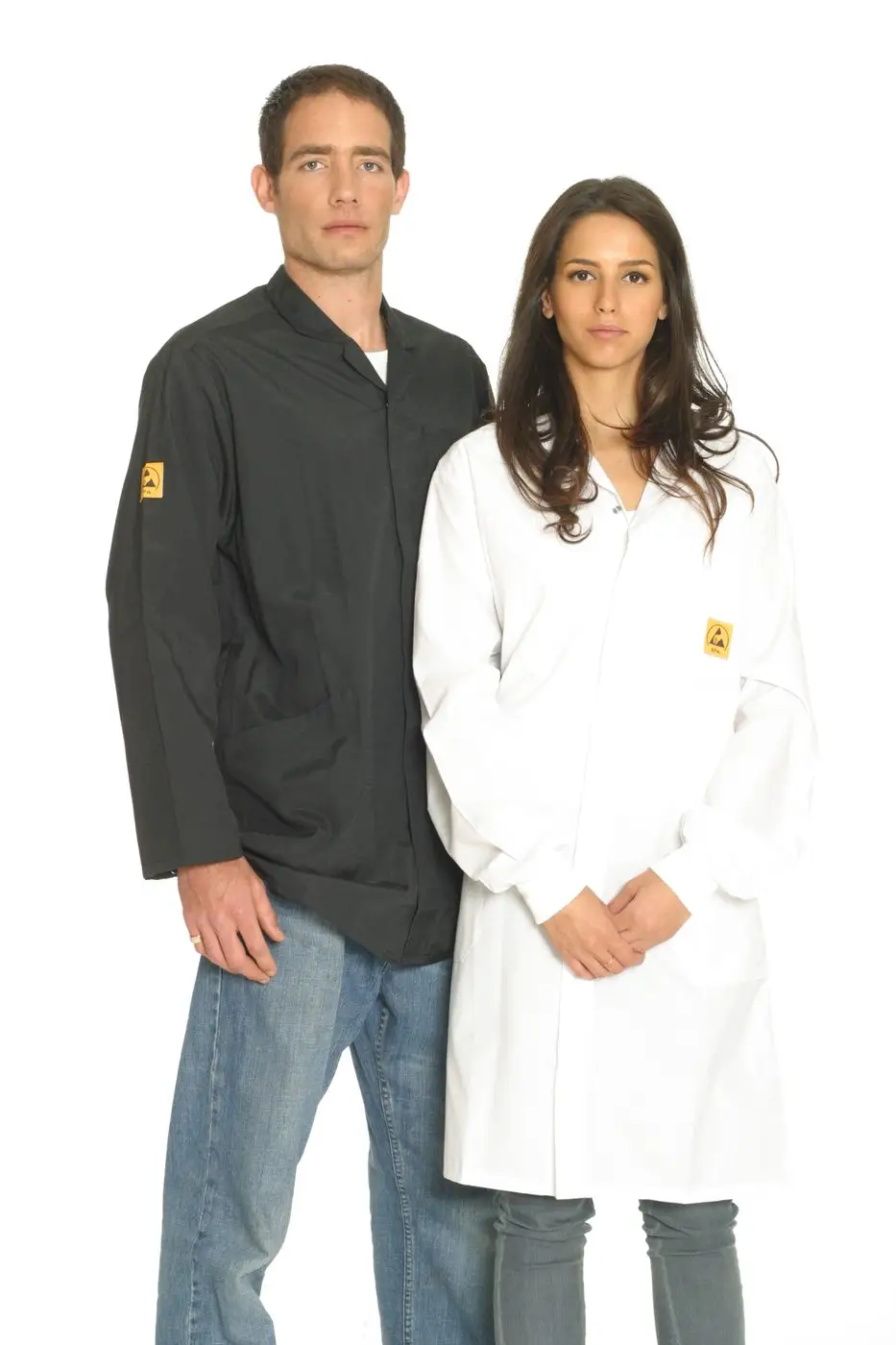 Dark ESD lab coat, studio catalogue photograph.