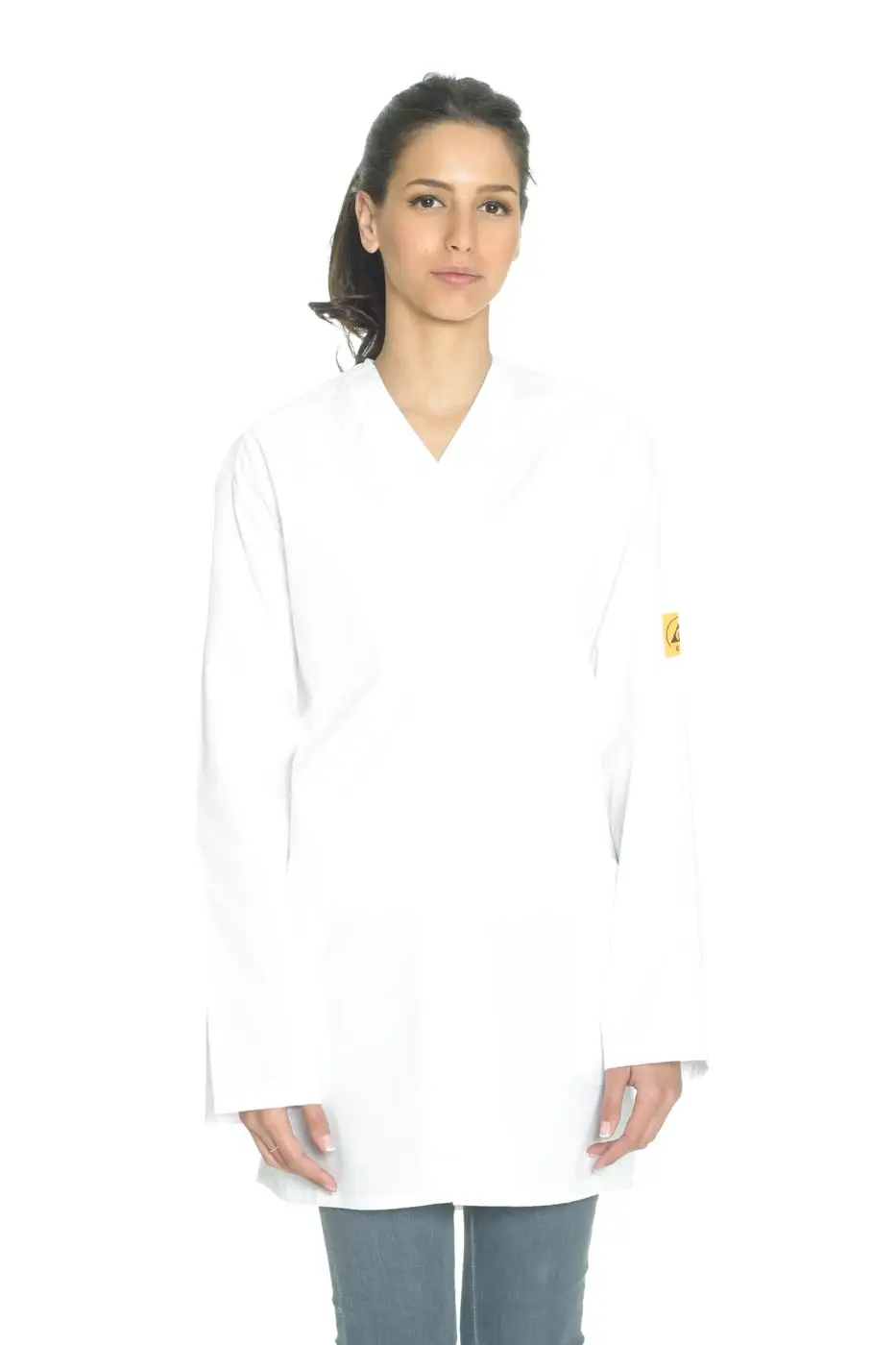 Cream ESD lab coat, studio catalogue photograph.