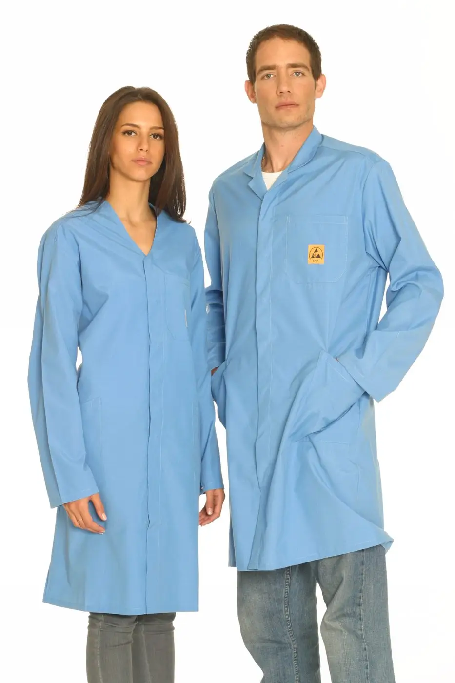 Blue ESD lab coat, studio catalogue photograph.