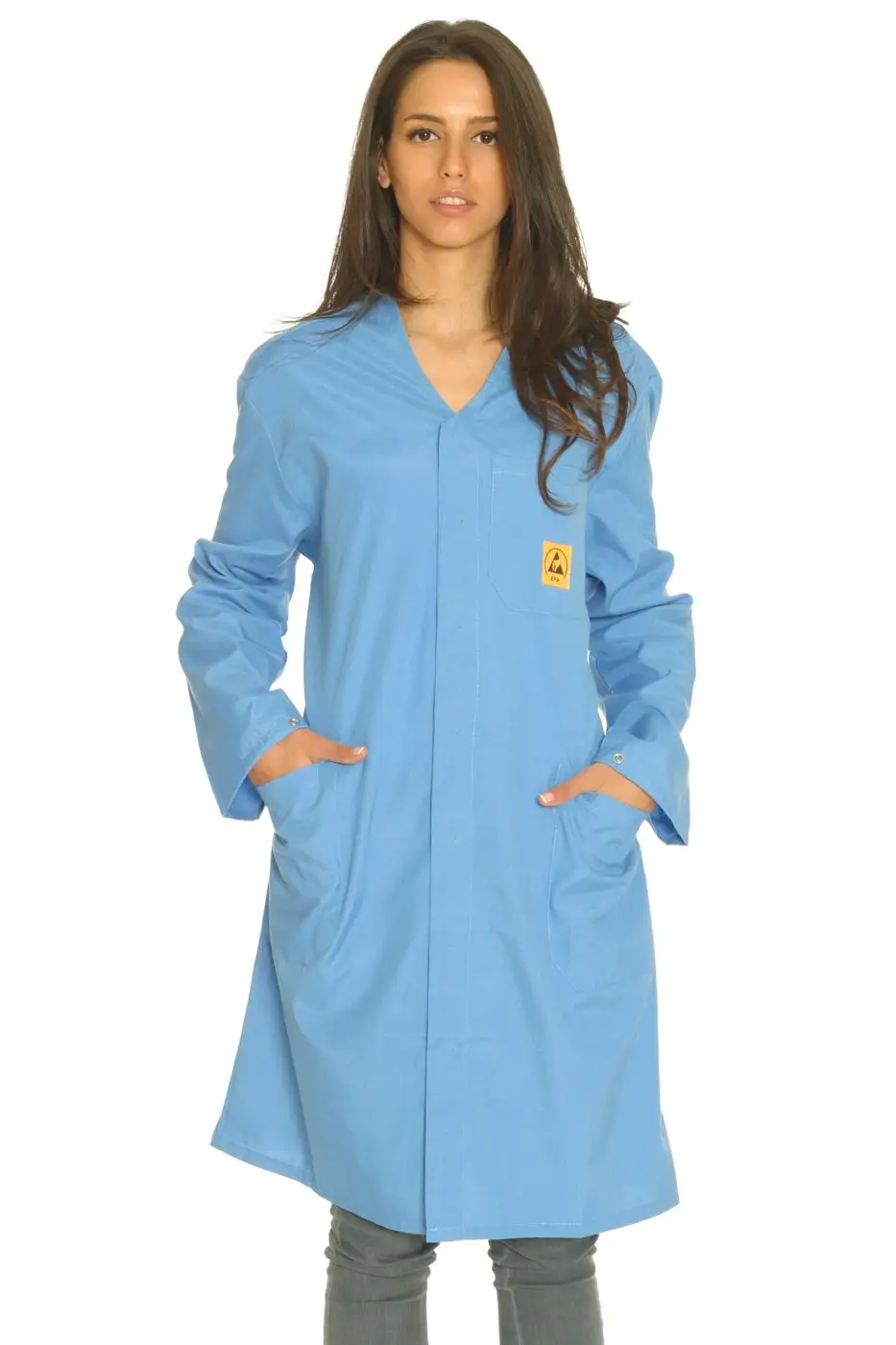 Light blue ESD lab coat, studio catalogue photograph.