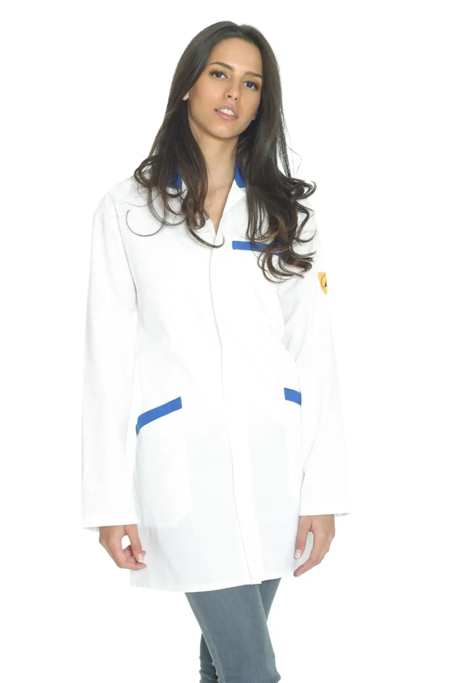 Light grey ESD lab coat, studio catalogue photograph.