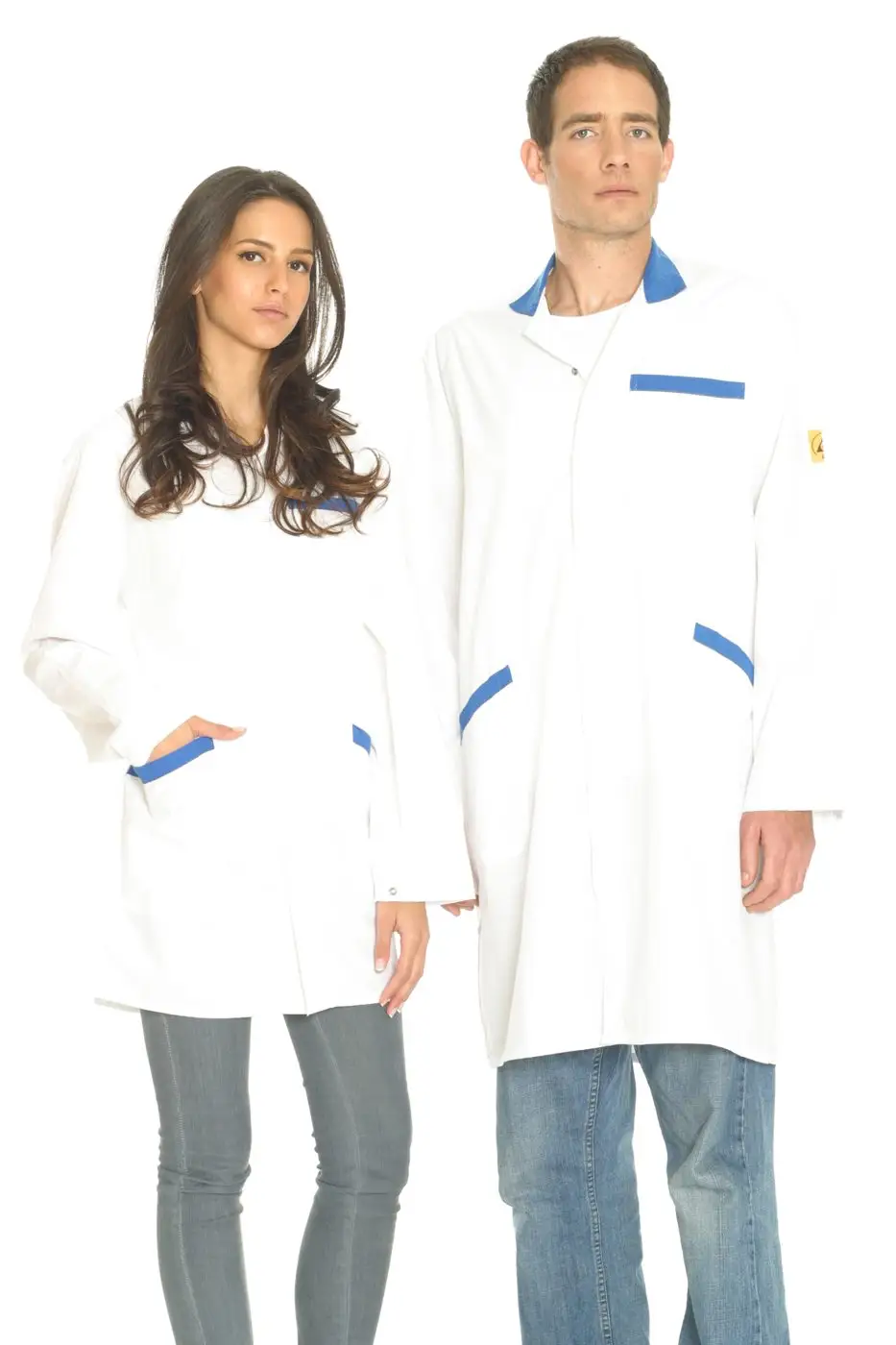 Light ESD lab coat, studio catalogue photograph.