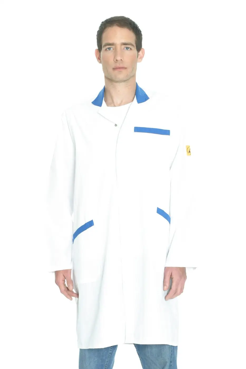 Blue ESD lab coat, studio catalogue photograph.