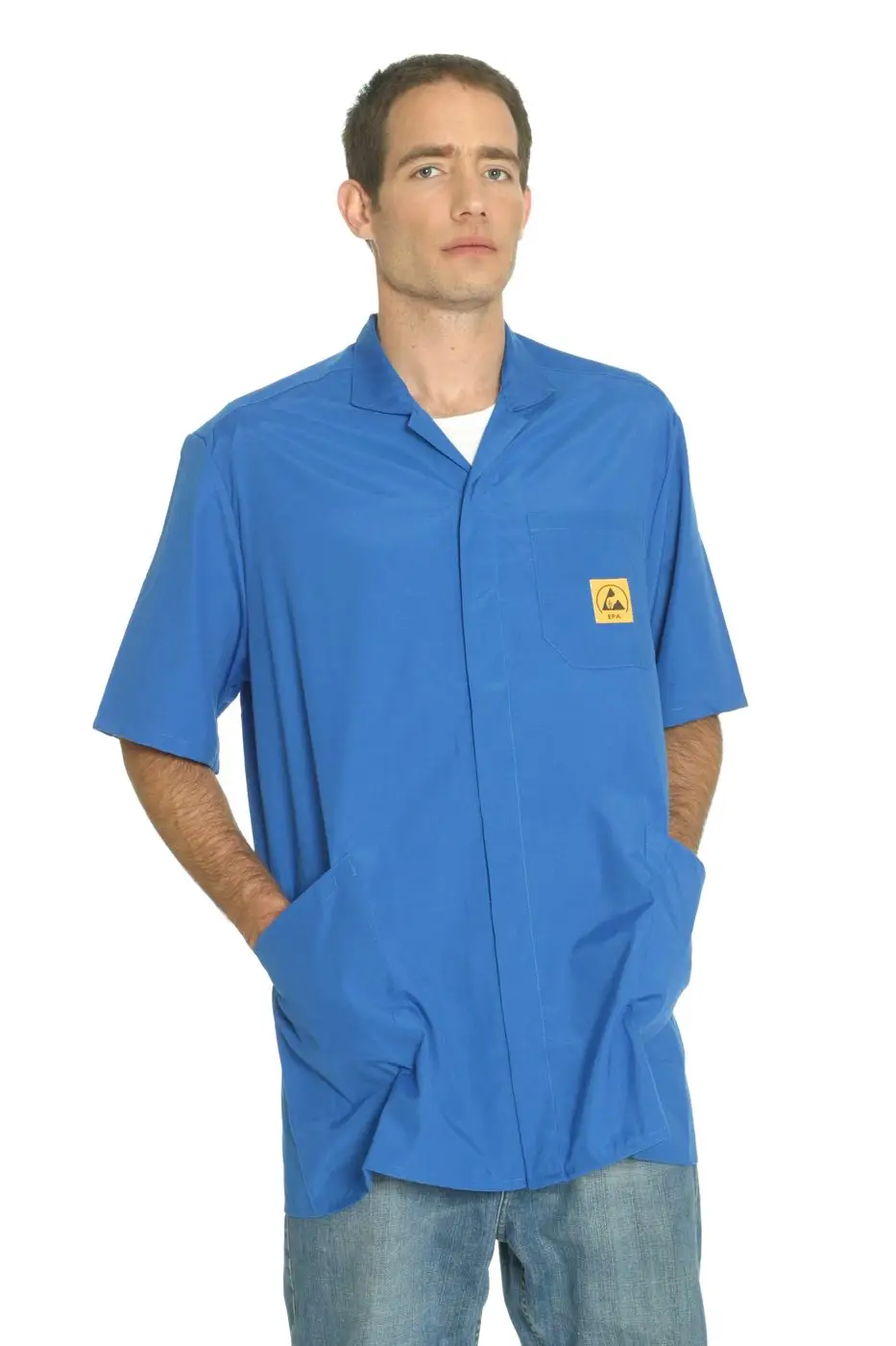 Royal blue ESD lab coat, studio catalogue photograph.
