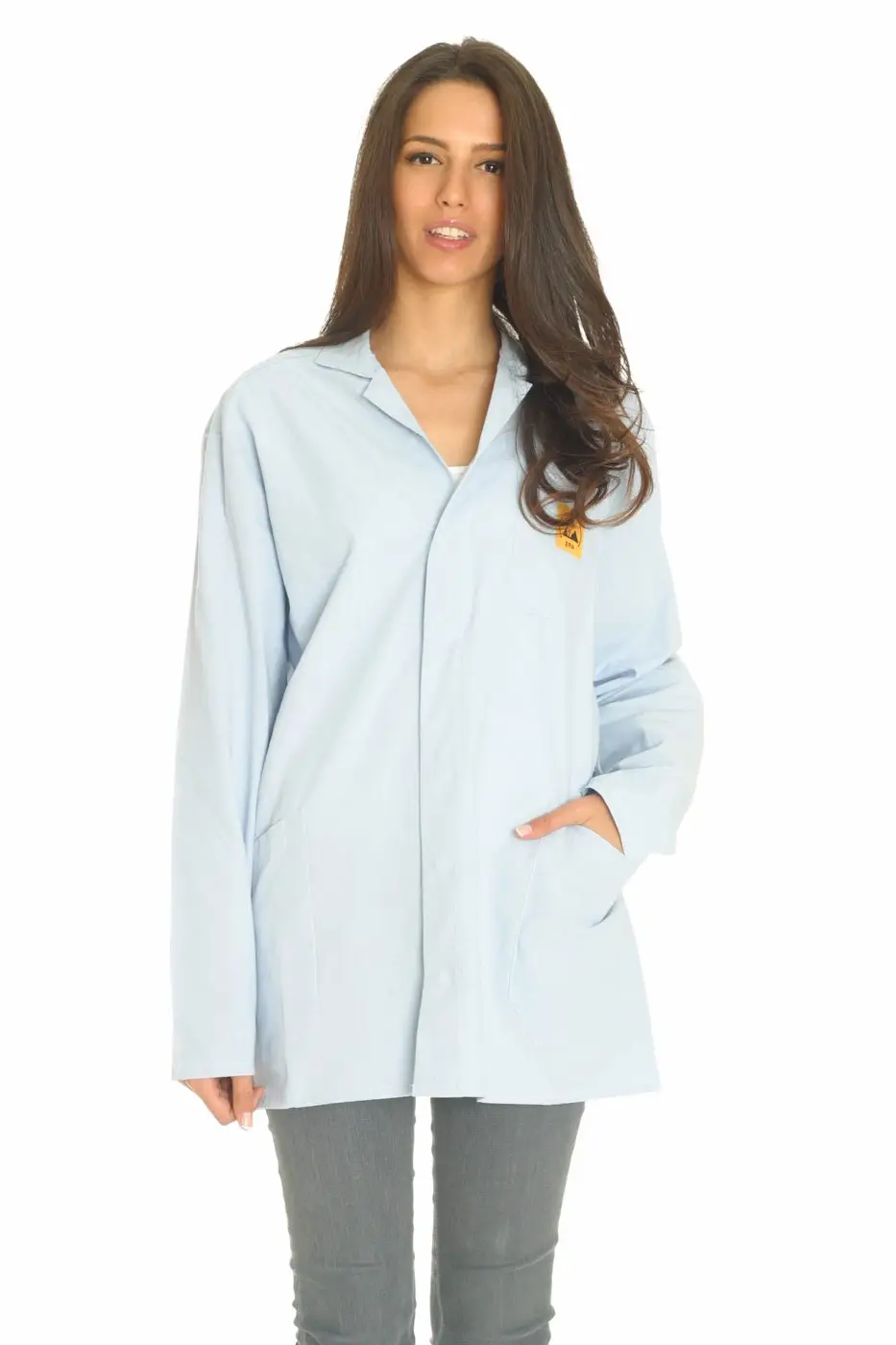 White ESD lab coat, studio catalogue photograph.