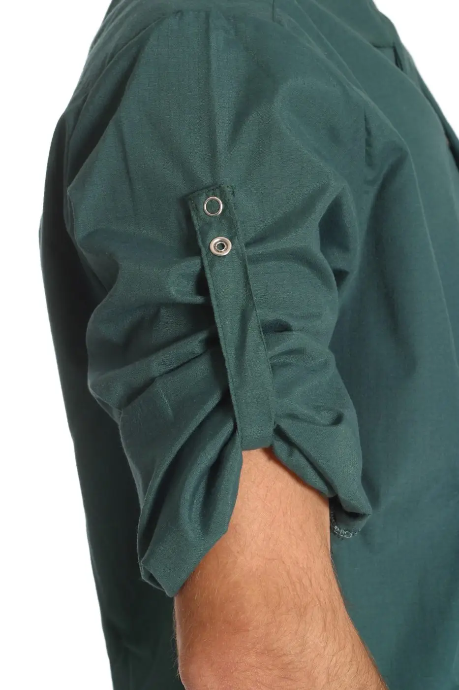 Dark green ESD lab coat, studio catalogue photograph.