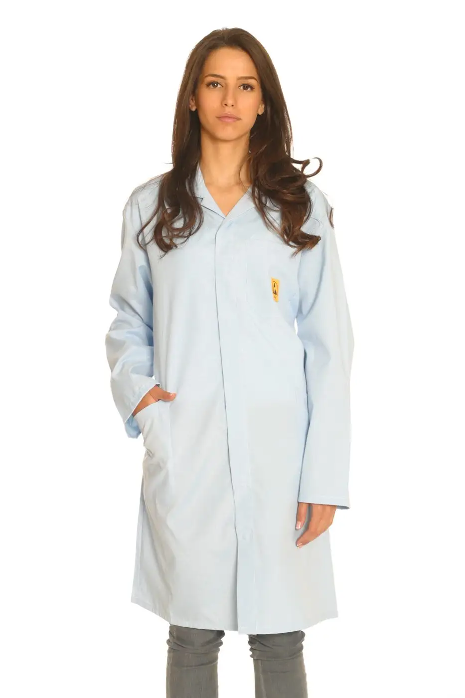 Light grey ESD lab coat, studio catalogue photograph.