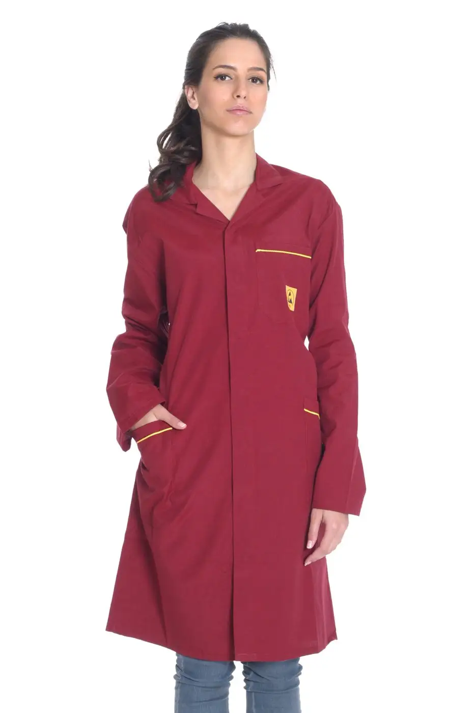 Burgundy ESD lab coat, studio catalogue photograph.