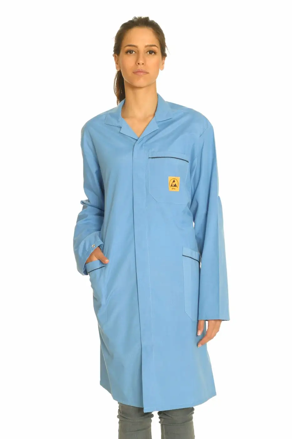Light blue ESD lab coat, studio catalogue photograph.