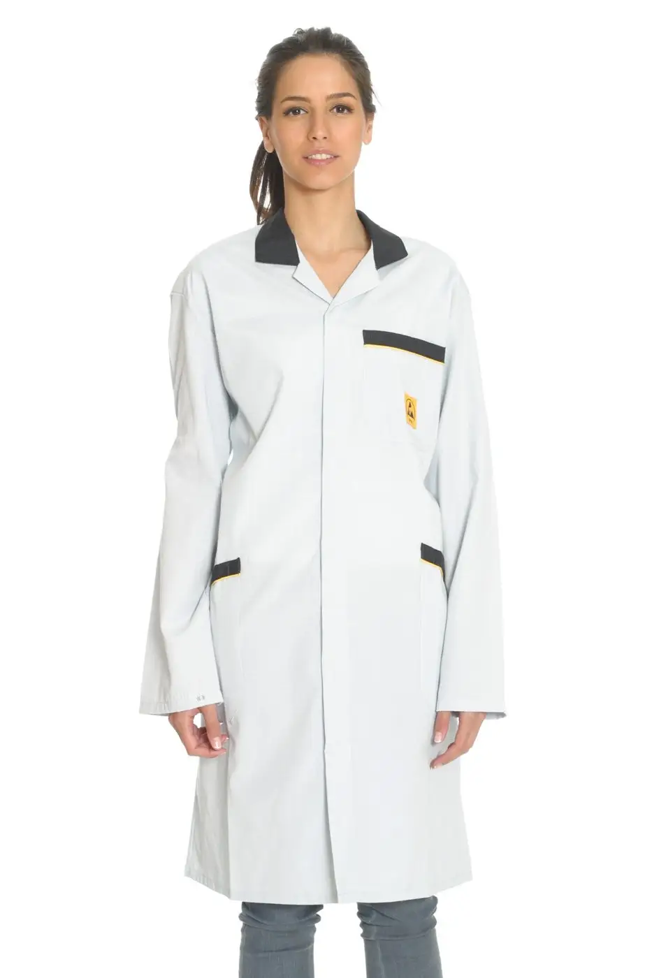 White ESD lab coat, studio catalogue photograph.