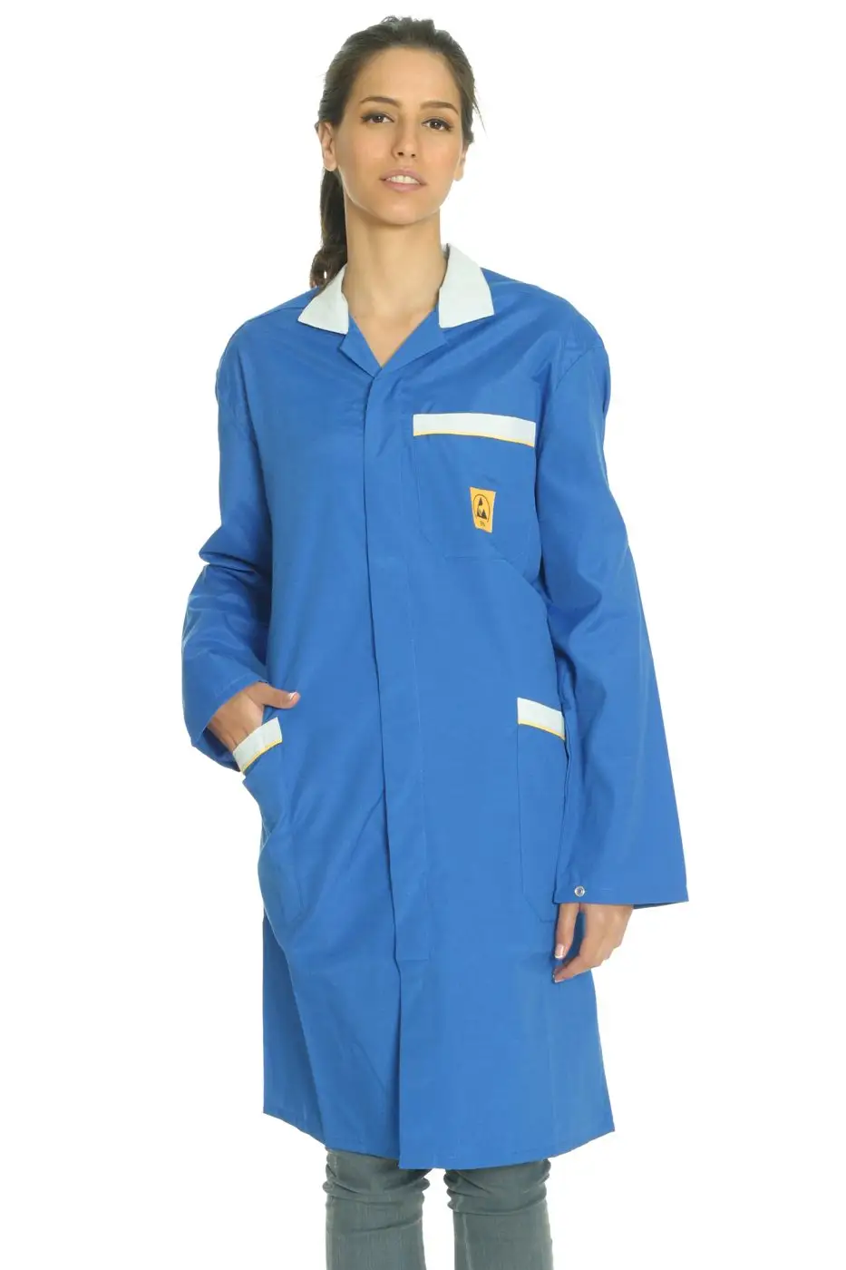 Blue ESD lab coat, studio catalogue photograph.
