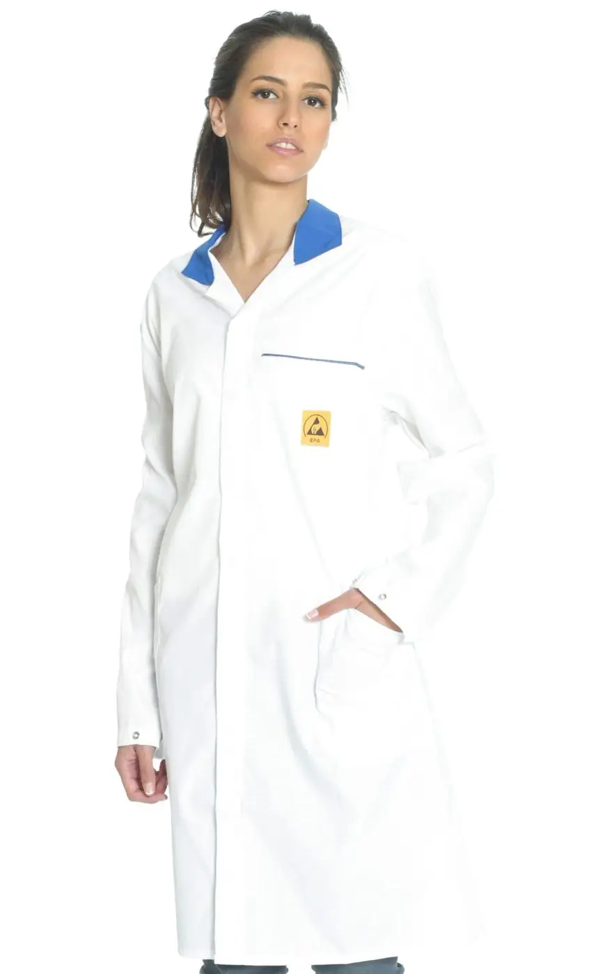 Light ESD lab coat, studio catalogue photograph.