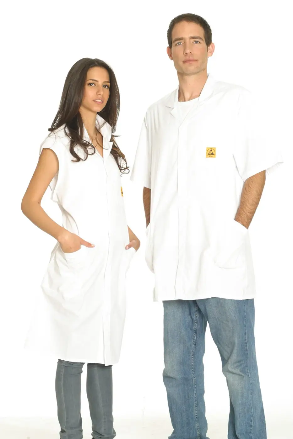 Pale ESD lab coat, studio catalogue photograph.