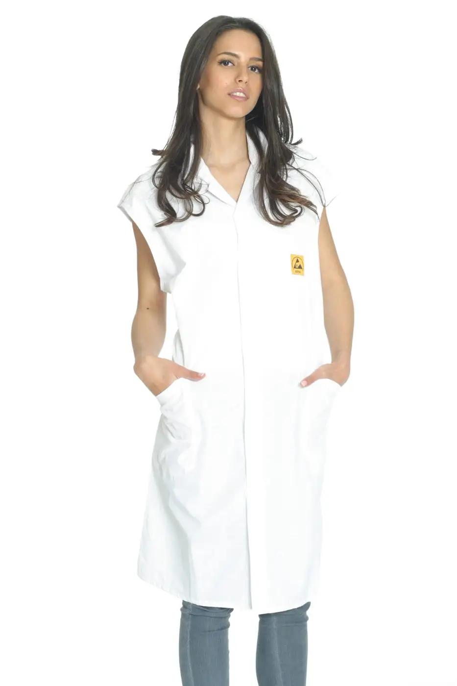 Pale ESD lab coat, second studio view.