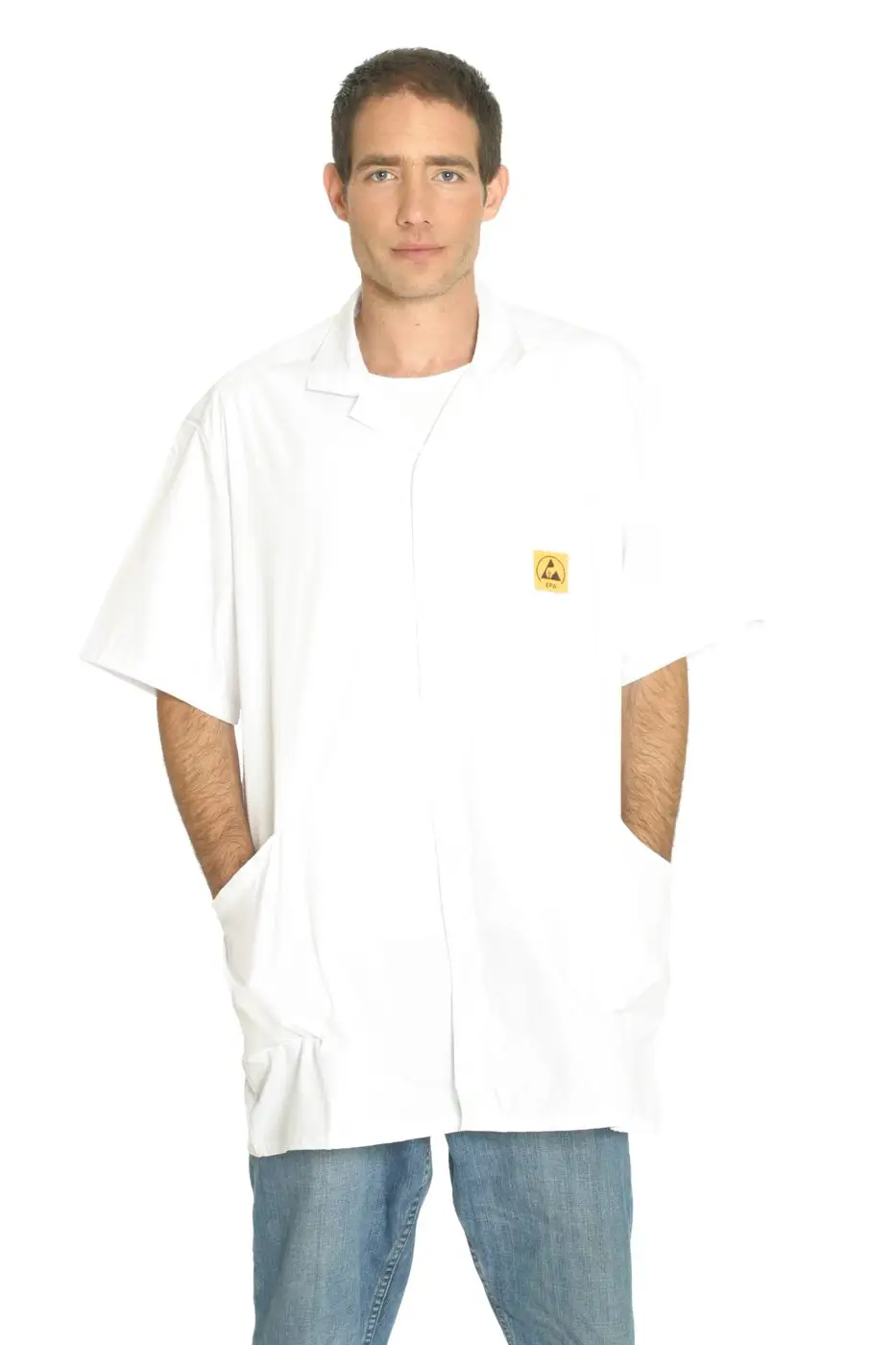 Cream ESD lab coat, studio catalogue photograph.