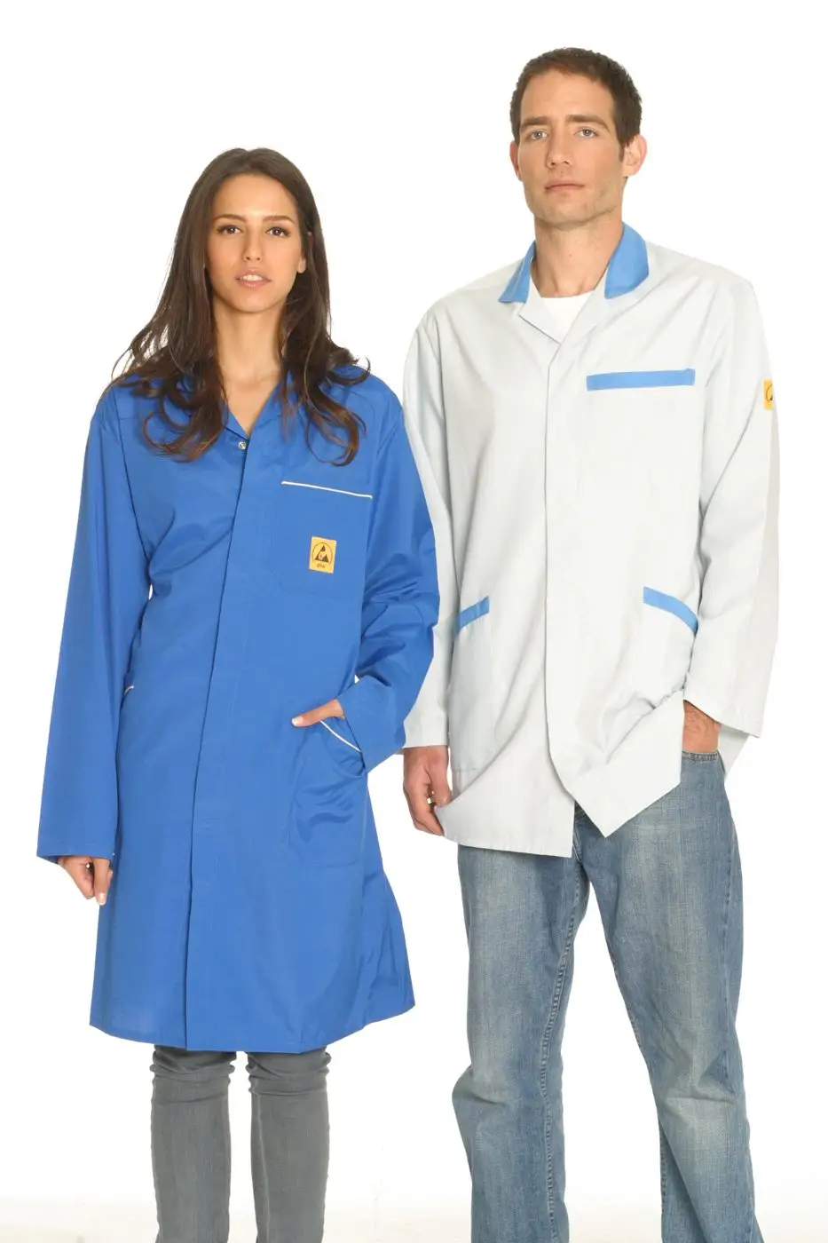 Blue ESD lab coat, studio catalogue photograph.