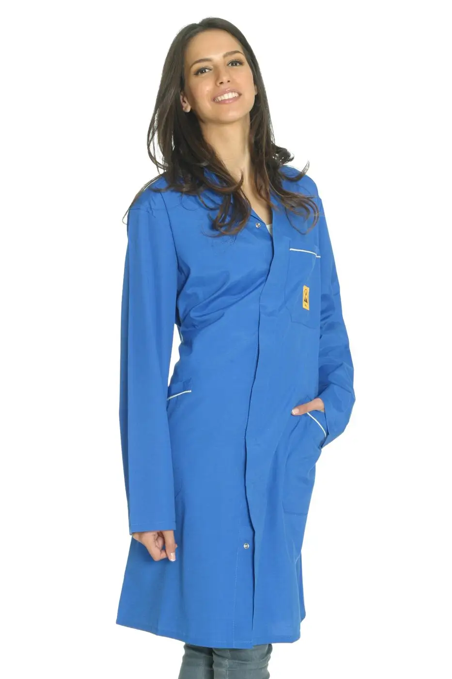 Blue ESD lab coat, long sleeves, studio catalogue photograph.