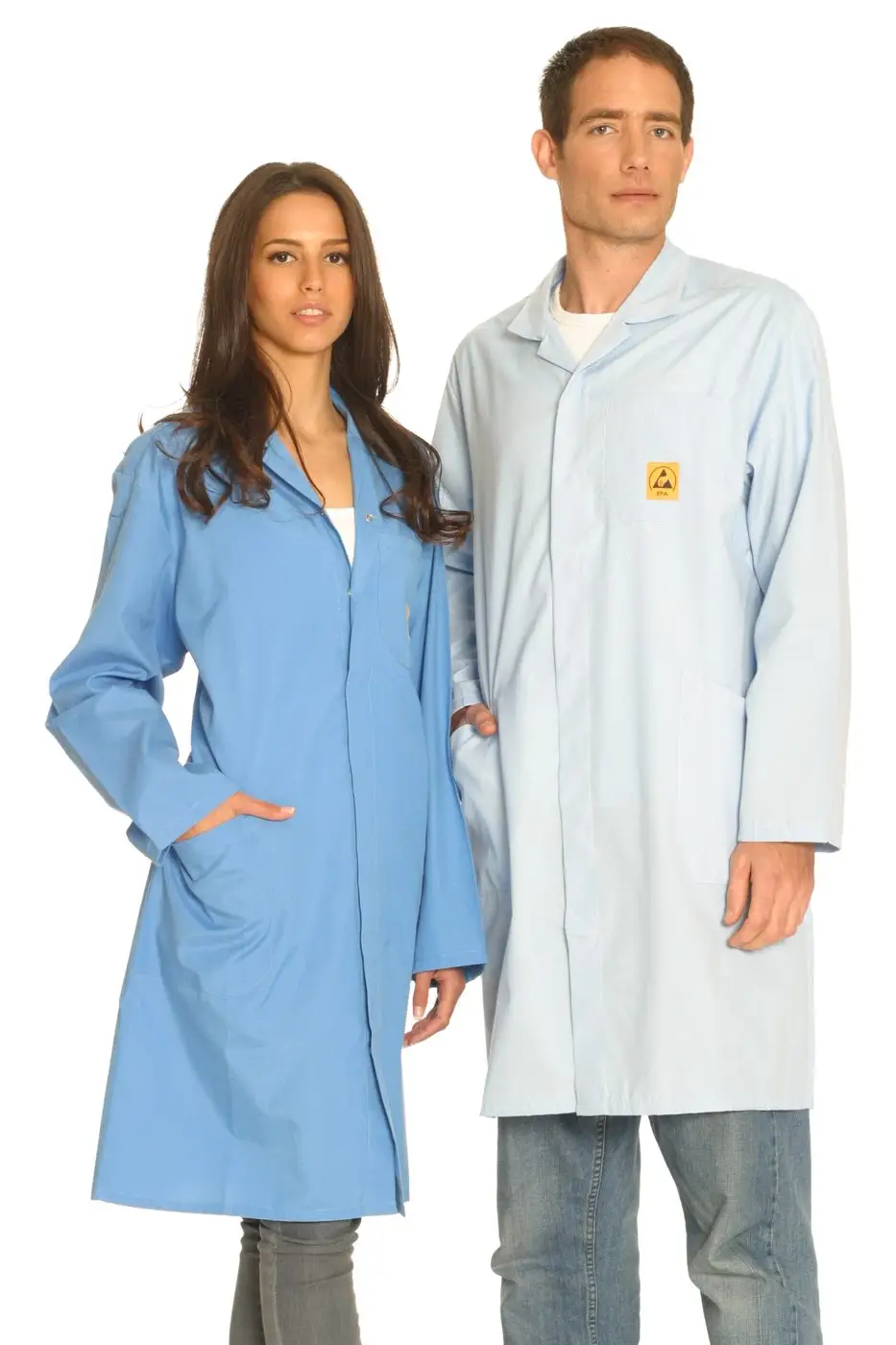 Light blue ESD lab coat, studio catalogue photograph.