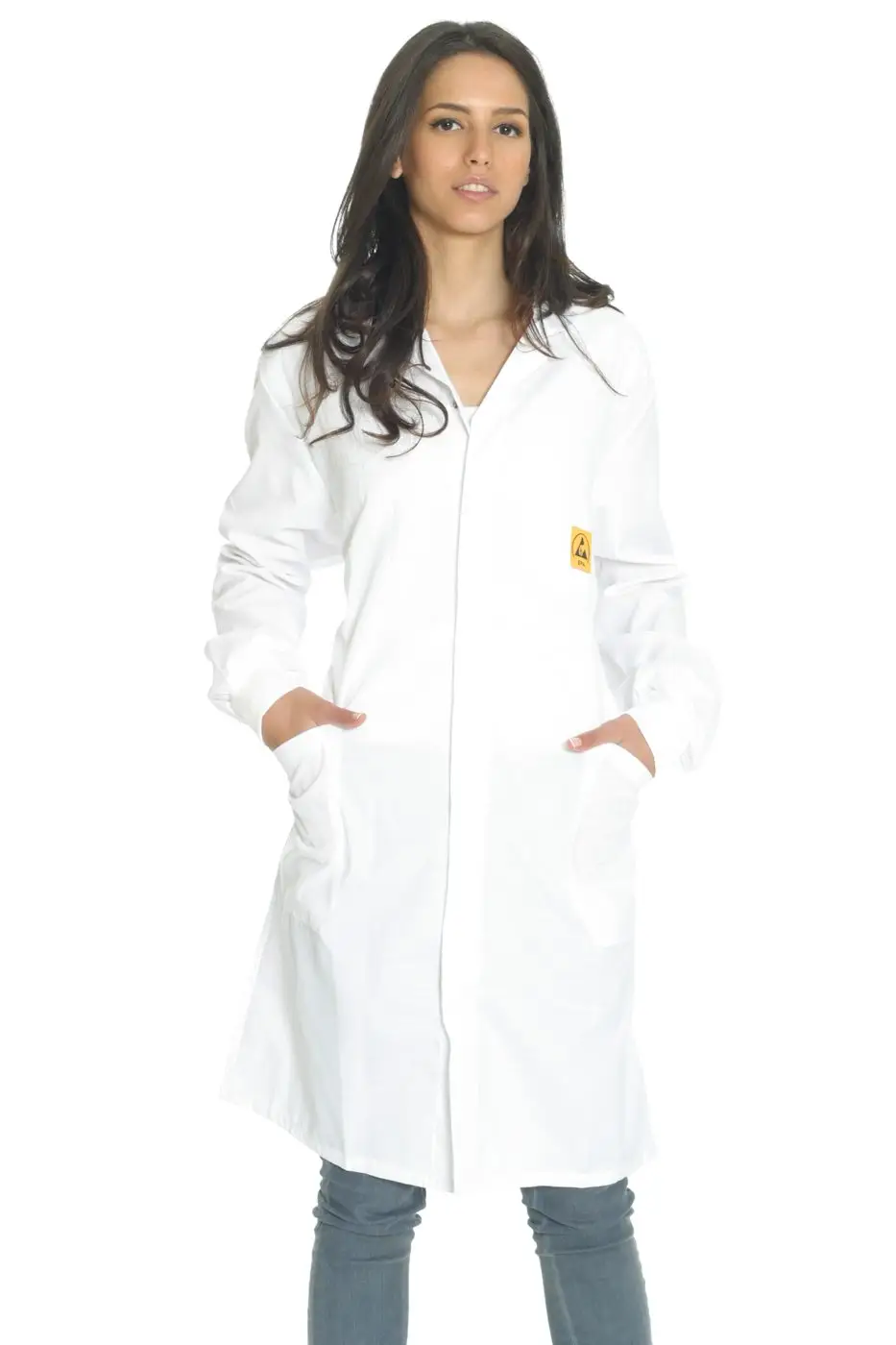 Light ESD lab coat, studio catalogue photograph.