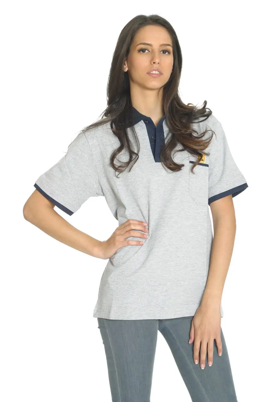 Graues ESD-Polo mit Kontrastkragen, Studiofoto aus dem Katalog.