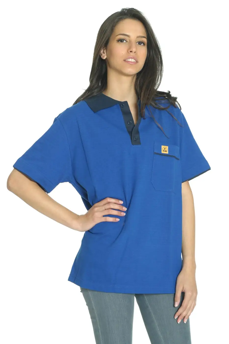 Blaues ESD-Polo, Studiofoto aus dem Katalog.