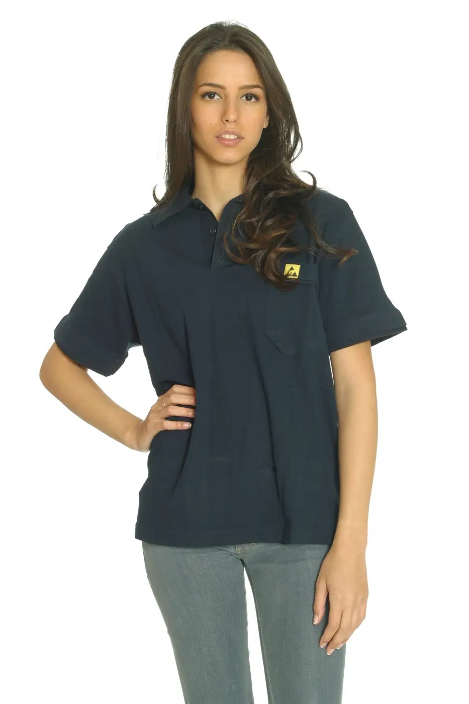 Dunkles ESD-Polo, Studiofoto aus dem Katalog.