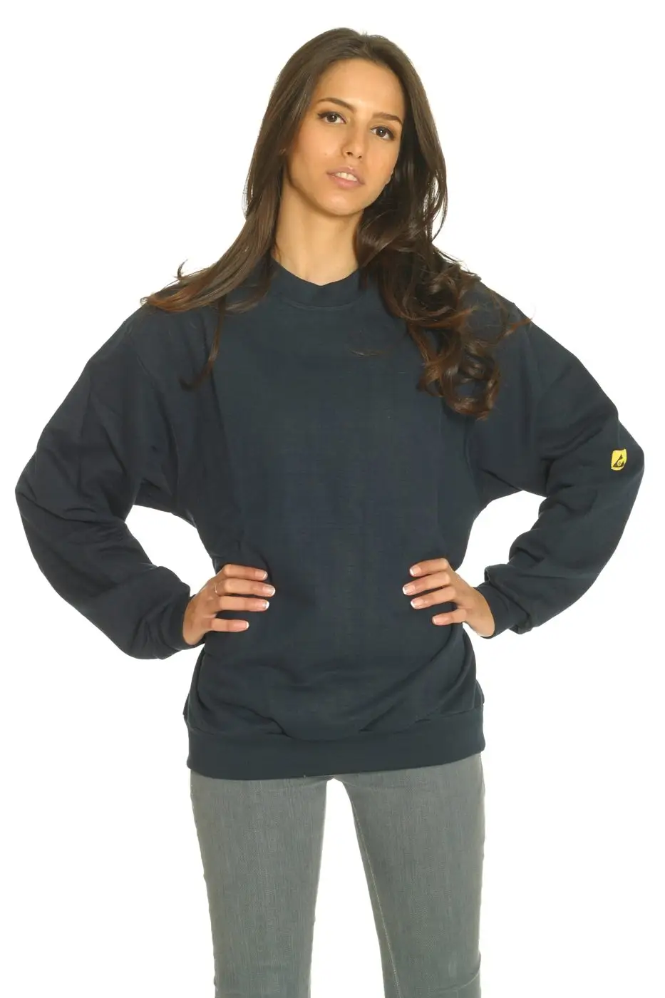 Navyfarbenes ESD-Sweatshirt mit Rundhals, Studiofoto aus dem Katalog.