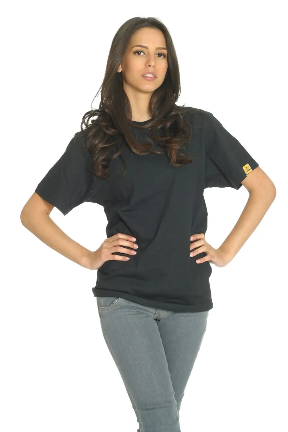 Black ESD T-shirt, studio catalogue photograph.