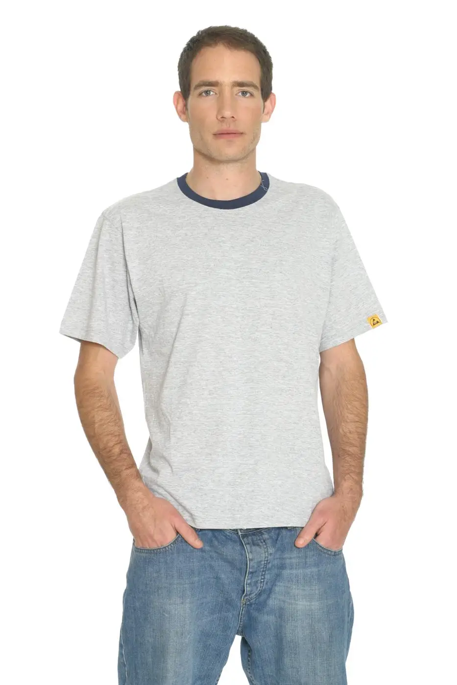 White ESD T-shirt, studio catalogue photograph.