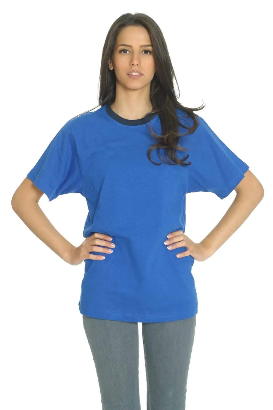Blue ESD T-shirt, studio catalogue photograph.