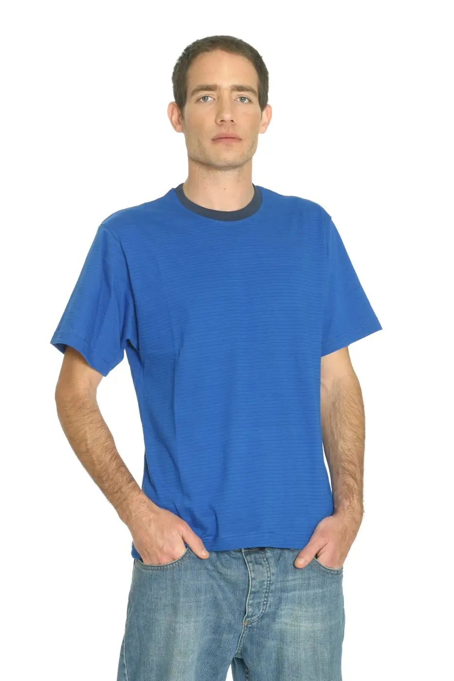 Blaues ESD-T-Shirt, Studiofoto aus dem Katalog.